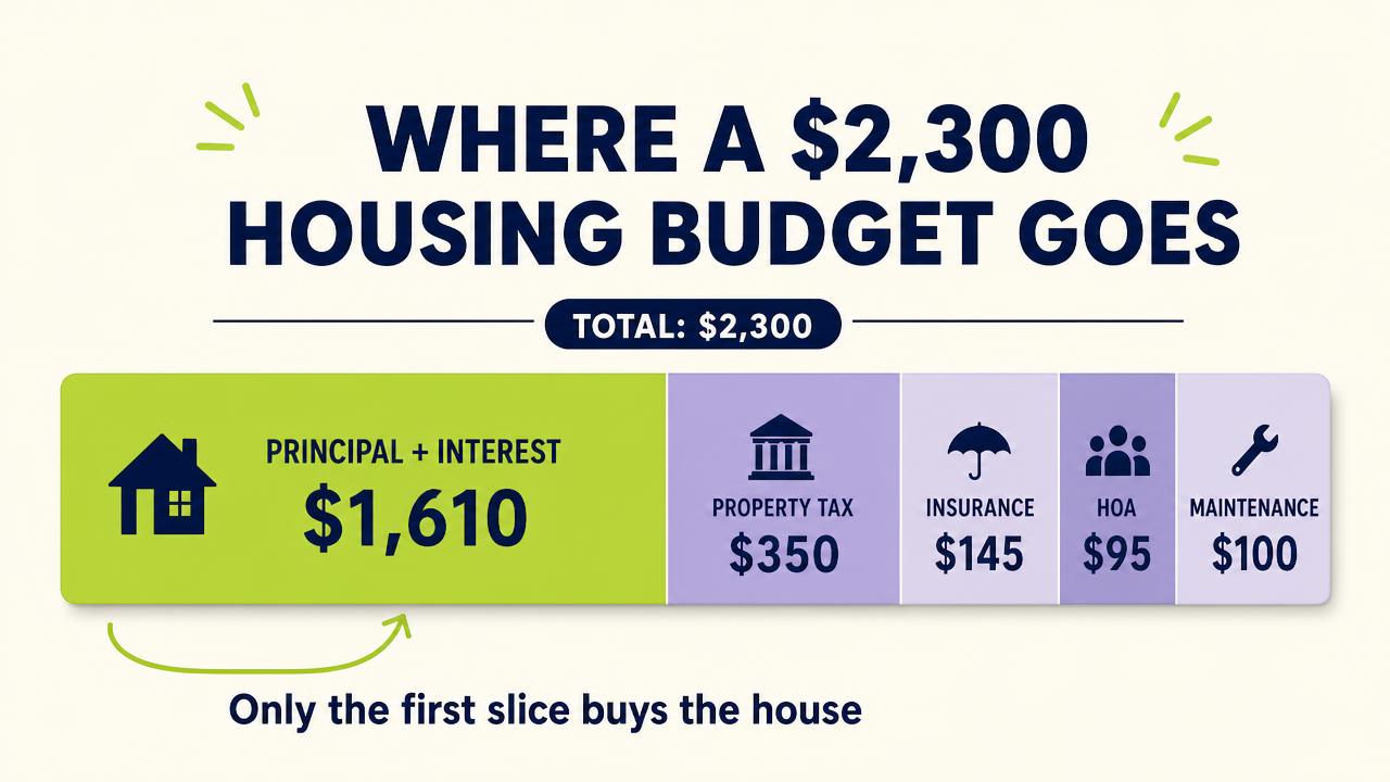 Stacked bar showing a $2,300 monthly housing budget split into $1,610 principal and interest, $350 property tax, $145 insurance, $95 HOA and $100 maintenance