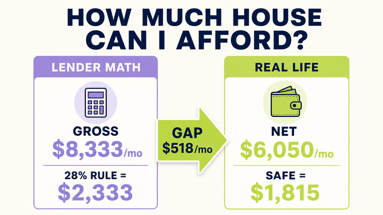 Infographic comparing lender maths on $8,333 gross monthly income allowing a $2,333 payment against real-life net pay of $6,050 supporting a safer $1,815 payment, a gap of $518 a month