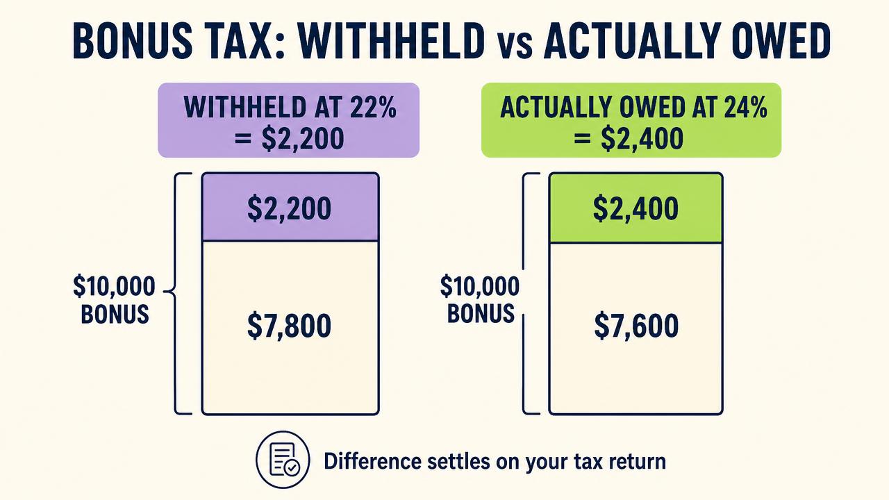 Infographic comparing a $10,000 bonus withheld at 22% ($2,200) against the tax actually owed at 24% ($2,400), with the difference settled on the tax return