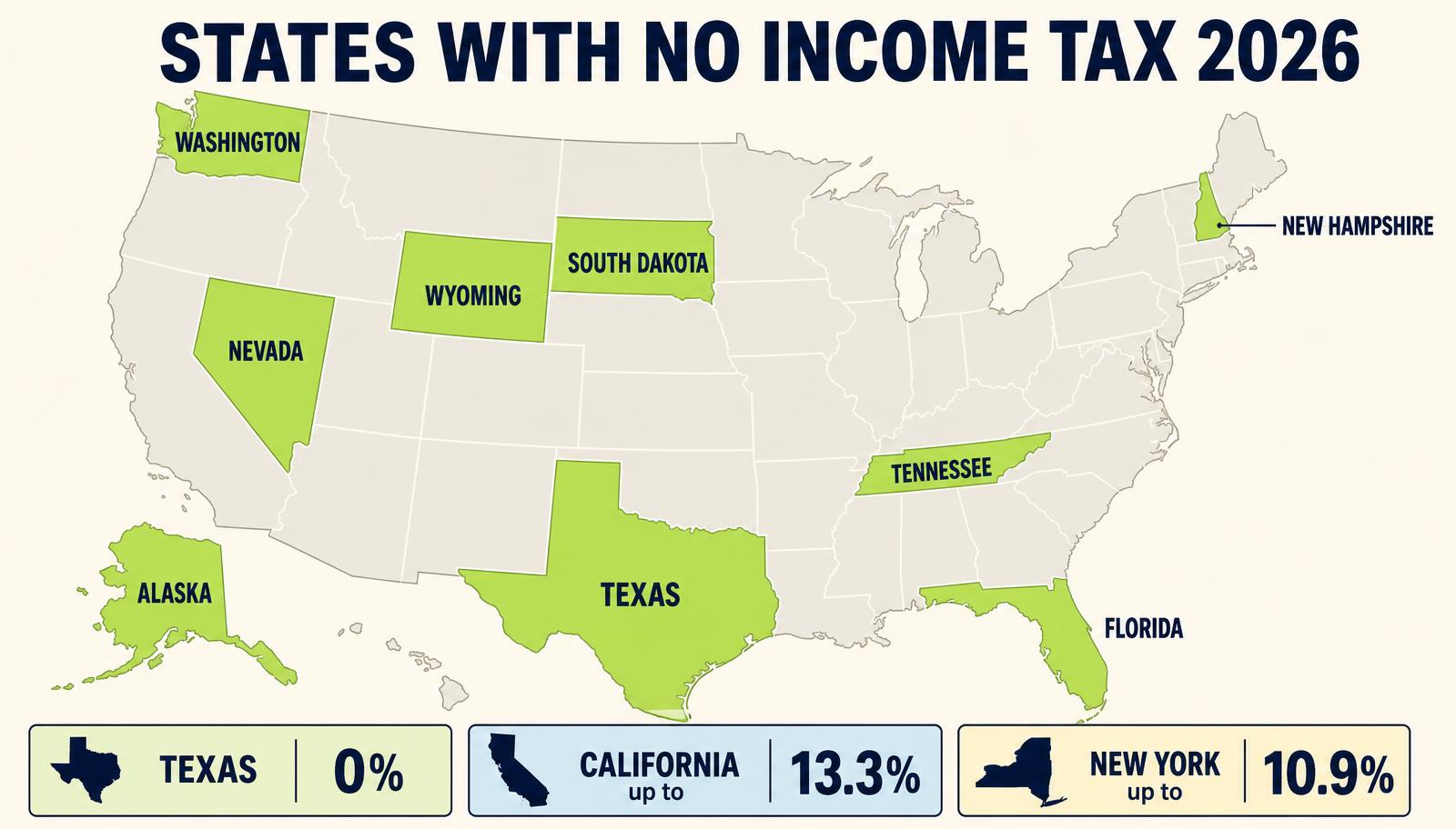 Map of the United States highlighting the nine states with no personal income tax in 2026 โ Alaska, Florida, Nevada, New Hampshire, South Dakota, Tennessee, Texas, Washington and Wyoming โ with a comparison strip showing Texas 0%, California up to 13.3% and New York up to 10.9%